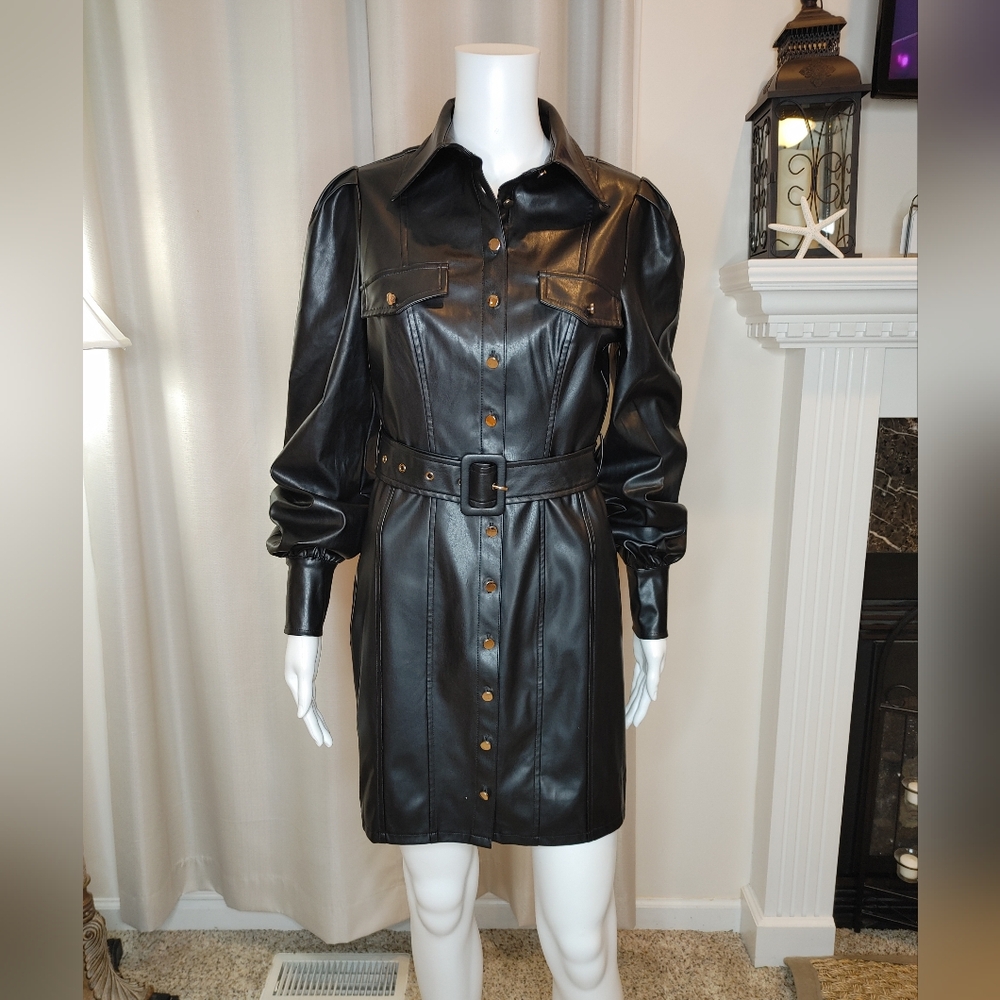 THE SANG Laila Vegan Leather Mini Dress, Black S